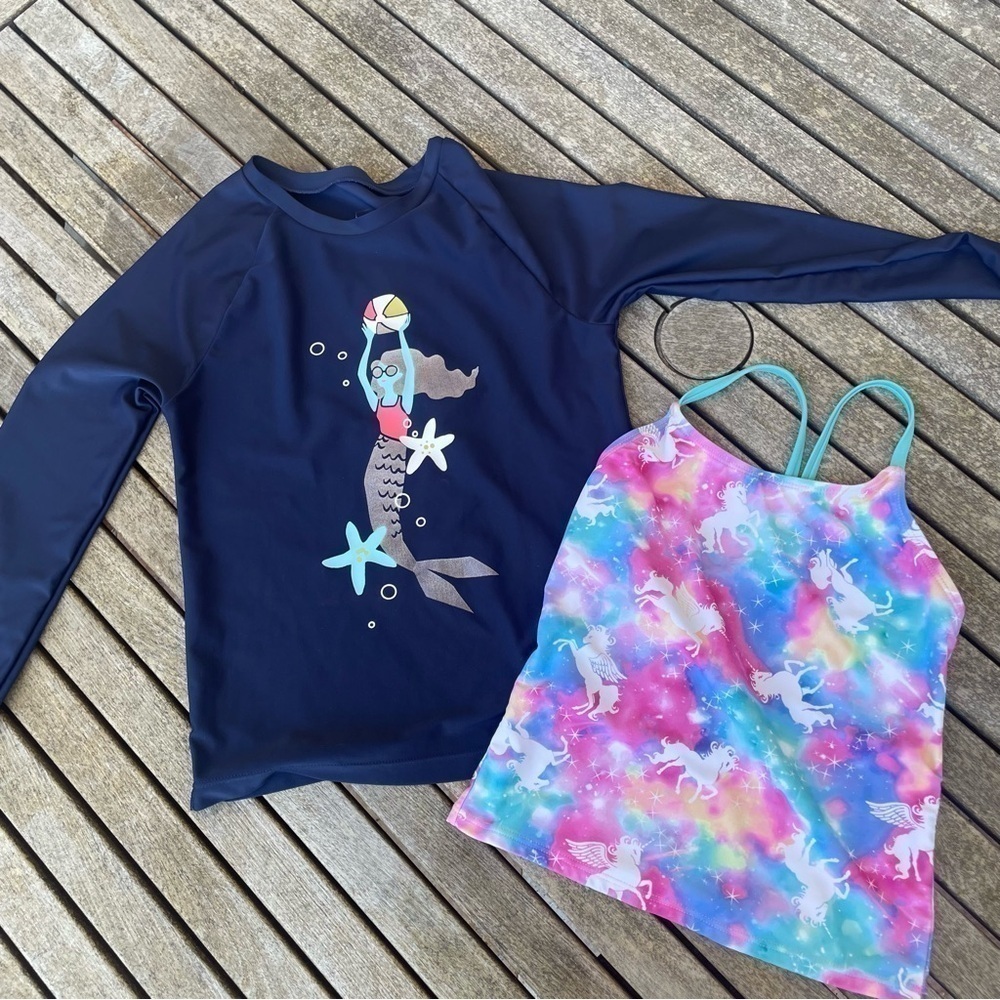 Set of 2 pc SUN PROTECTION mermaid top, swim unicorn top Girls 7/8